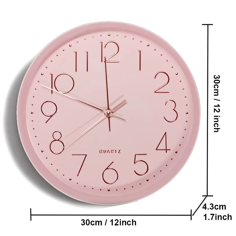 Maxspace Pink Wall Clock Silent Non-Ticking, 12in Analog Wall Clock