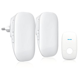 Jeatone Wireless Bell, 150 m Range Doorbell Wireless Set, IP55 Outdoor Waterproof Bell Front Door with 2 Receivers, Plug-in Doorbell with LED Flash, 4 Volume Levels, 36 Melodies, White Front Doorbell