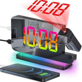 SZELAM SZELAM Projection Alarm Clock, 7.4 in Digital Mirror Clocks,with 180 Rotatable Projector, RGB Night Light,USB C Charger Port, Auto Dimmer, LED Desk Clock for Bedroom - Black