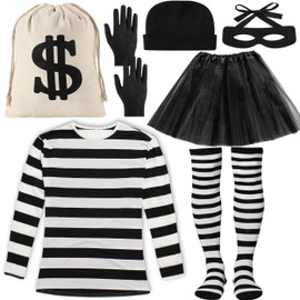 Peirich Robber Costume Set, Black & White Striped T-Shirt Socks, Tutu Skirt, Canvas Dollar Sign Money Bags, Knit Beanie Cap, Burglar Eye Mask for Cosplay Burglar Theme Party Fancy Dress Costume (XL)