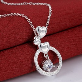 Cutesmile Fashion Jewelry 925 Sterling Silver Three Love Heart Circle with Dancing CZ Crystal Pendant Necklace