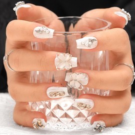 Sethexy Luxury Rhinestone Matt Fake Nail 3D Butterfly Medium Coffin Nails for Pressing Pearl Handmade False Nails Salon Durable Quality Metal Accessories for Women and Girls (O)