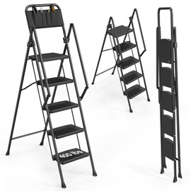 LUISLADDERS 5 Step Ladder with Handrails, Folding Step Stool with Widened Anti-Slip Pedal, 330lbs Lightweight Step Ladder 5 Step Folding, Multi-use for Home Kitchen Pantry Office, Black