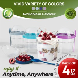 QUASLEQ 4-Pack Parfait Cups with Lids Reusable - Airtight & Portable Yogurt Containers - Perfect for Breakfast & Snacks - Ideal for Overnight Oats, Cereal, Granola & Fruit (Small 17 oz - 500 ml)