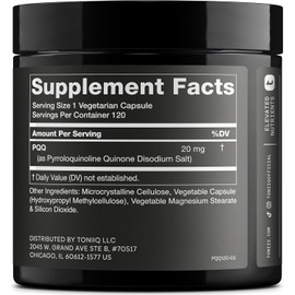 Toniiq 99%+ 20mg Supplement - Ultra High Purity PQQ 20mg Concentrated Formula - PQQ 20 mg 120 Capsules - Pyrroloquinoline Quinone Supplement - 1 Capsule Serving - Vegetarian Capsules