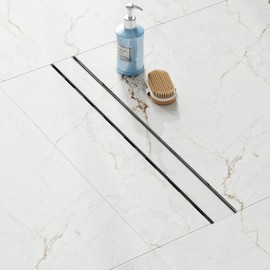 24 inch Linear Shower Drain with Tile Insert Grate Cover, Brushed 304 Stainless Steel Bonding Flange Linear Drain, Low Profile Linear Shower Drain with Hair Strainer