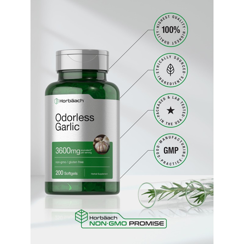 Horbäach Odorless Garlic Softgel Supplement | 200 Count | Ultra