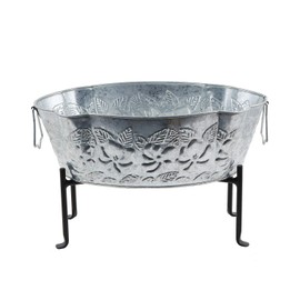 ACHLA Designs Embossed Oval Tub with Folding Stand, Galvanized Steel and Black, (C-52-S1)