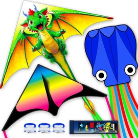 SGftre 3 Piece Set Butterfly Delta Octopus Kites for Kids and Adults，Easy to Fly for Outdoor Adults Children Line Kite for Kids Toy (Green Dragon+ Delta+Octopus Blue, 3)