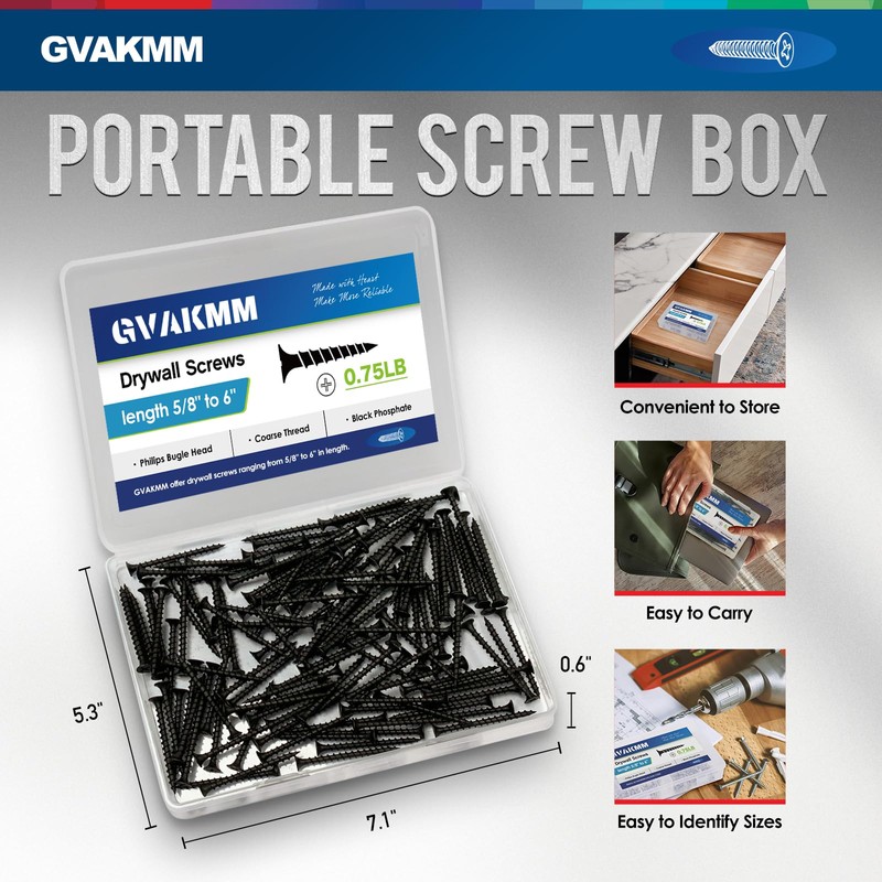 GVAKMM 0.75LB (305pcs),#7x3/4''Drywall Screws,Black Wood Screws,Coarse Thread,Phillips Bugle Head,Sharp Point,Ideal