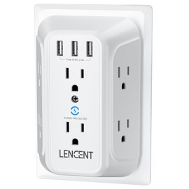 LENCENT Cargador de Pared USB 1875W, Protector de Sobretensión, Extensor de Enchufe de 6 Salidas con 3 Puertos USB, Multicontacto Enchufe Pared para Hogar, Oficina, Cocina, Dormitorio, Listado ETL