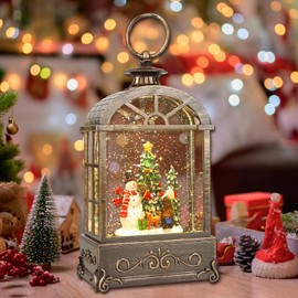 LSISOVO Christmas Snow Globe Lantern,with 6 Hour Timer,3 AA Battery Operated & USB Powered Swirling Singing Water Glittering Lantern, Christmas Decorations,Christmas Snowman&Child