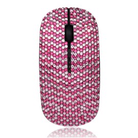 WONGS Luxury Full Stars Pink Crystal Rhinestone Rechargeable Slim Silent 2.4G Wireless Mouse for Laptop Computer, Cute Graphics Design Diamonds Mouse - Black Pink