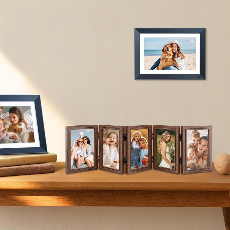 5-folding Hinged Picture Frames, 4x6 Inch High Definition Natural Wood