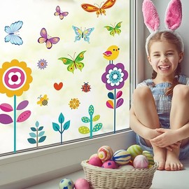 107PCS Spring Flowers Window Clings Butterfly Window Clings Decals Stickers for Kids Holiday Window Clings Spring Summer Fall Winter Decorations