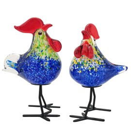 JUYOULE Glass Rooster Figurine：Hand Blown Murano Style Glass Animal Decor, Chicken Lovers Gifts for Kitchen, Farmhouse, and Home Decorations，Blue