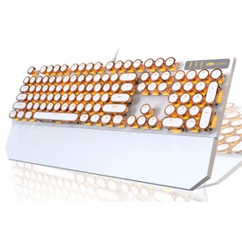 Typewriter Style Mechanical Keyboard, Retro Punk Gaming Keyboard with Gold LED Backlit, Cute Wired Keyboards,104 Keys Full Size Keyboards, Uique Round Keycaps for Windows/Mac/PC(White&Gold)