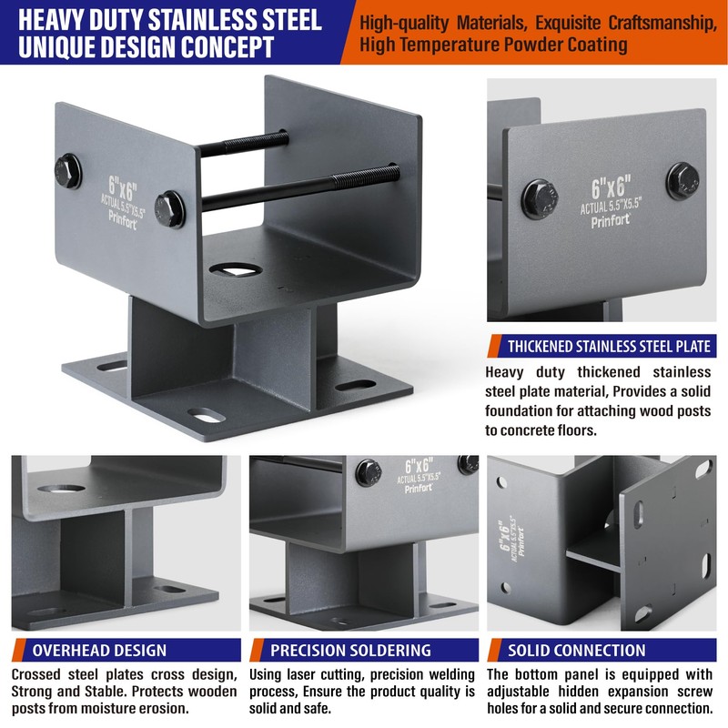 Stainless Steel 6"x6"(Actual 5.5"x5.5") Post Base Bracket Concrete U-Shape, Dry