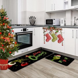 Eikunn Black Christmas Kitchen Rugs and Mats Sets of 2,Merry Xmas Kitchen Mat for Floor, Winter Holiday Non-Slip Washable Kitchen Sink Mats Kitchen Decor Doormat(17x30In)+Runner Rug(17x47In)