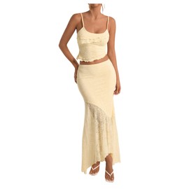 Milumia Women's 2 Piece Outfits Ruffle Trim Cami Crop Top and Low Rise Maxi Skirt Set Apricot Small