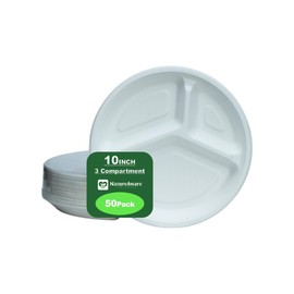 NatureAware Premium 10 Inch 3 Compartment Round White Paper Plates [50-Pack] -100% Compostable & Eco-Friendly Disposable, Heavy Duty, PFAS-Free, Made of Sugarcane Bagasse (10" 3CP Round Plates)