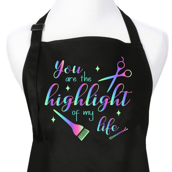 Plum Hill You Are the Highlight of My Life Colorful Screen Printed Hair Stylist Bib Apron for Professional Salons or Home Hair Cutting, Long Ties Adjustable Neck with Pockets, Candy Coating