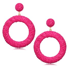 Woven Rattan Earrings Boho Colored Straw Wicker Braid Drop Dangle Earrings Handmade Round Circle Hoop Earrings Statement Stud Earrings For Women
