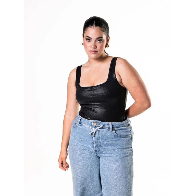 HeyShape Leather Look Snatched Bodysuit, Black, Medium