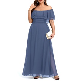 Plus Size Bridesmaid Dresses Dusty Blue Formal Wedding Guest Off Shoulder Chiffon Maxi Empire Waist Flowy A-Line Dress