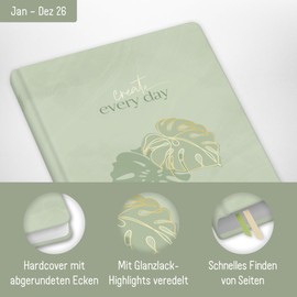 Häfft - Timer Book Calendar 2026 A5 "Green Monstera" January - December 2026, Hardcover Calendar, Diary A5 for Young Adults - Sustainable & Climate Friendly