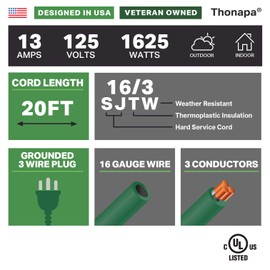 Thonapa 13 Amp Outdoor Extension Cord 20 ft, 16/3 SJTW 20ft Green Extension Cord 3 Prong, Weatherproof Exterior Extension Cord for Outdoor Lights, Landscaping & Lawn - US Veteran Owned