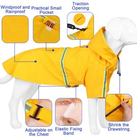 Dog Waterproof Coat Large with Harness Hole Reflective Strip, Hulaiyaa Lightweight Dog Rain Jackets with Storage Pocket, Puppy Waterproof Jacket Hooded Raincoat, Adjustable Hound Poncho