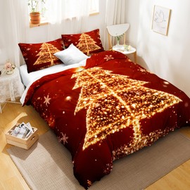 Red Christmas Duvet Cover Set Queen Christmas Tree Bedding Set Gold Snowflake Xmas Comforter Cover Happy New Year Chritmas Decorative Bedroom Set