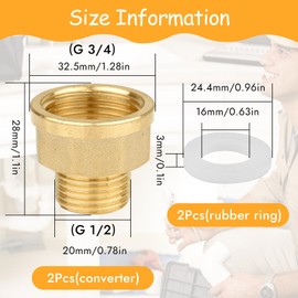3/4" Female to 1/2" Male BSP Thread Brass Hex Bushing Reducing Connector,3/4” Female to 1/2” Male Adapter,for Water, Gas, Pipe Connecting Conversion with Sealing Rings