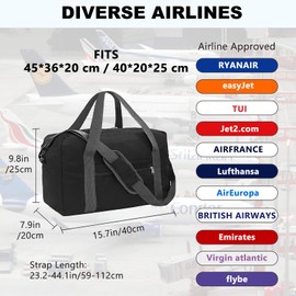 for Ryanair Airlines Cabin Bag 40X20X25 Underseat Travel Foldable Duffel Bag Holdall Tote Bags Overnight Carry On Luggage for Women and Men(20L, Black)