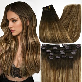 Full Shine Brown Hair Extensions Clip in Human Hair 22 Inch Color 2/3/27 Brown Ombre Dark Brown Mix Honey Blonde Hair Clip in Extensions Invisible Human Hairpiece 7Pcs for Women