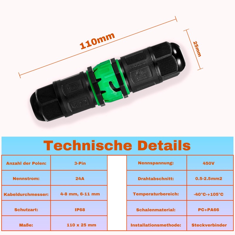 3-Pin Quick Connector Cable Connector Waterproof IP68 Earth Cable Connector
