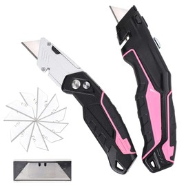 TOPLINE 2-Pack Aluminum Pink Utility Knife, Heavy Duty Retractable Box Cutter and Folding Pocket Knife with Quick Change Mechanism, Blade Storage Design, 18-Piece SK5 Blades and a Dispenser Included