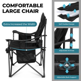 FUNDANGO Oversized Camping Chair for Adults, 550 Lbs Portable Folding Beach Fishing Lawn Chair with Cushion seat & Back, 4-can Cooler&Cup Holder, Carry Bag Included for Outdoor (Black)