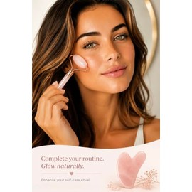 Be True Rodillo facial de cuarzo rosa auténtico y set de gua sha: herramientas de masaje para el cuidado de la piel, drenaje linfático, definición de 