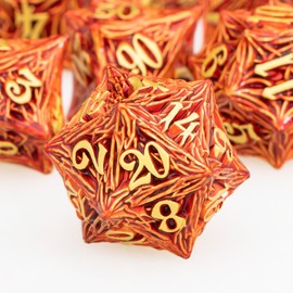 ORIFANTOU Metal DND Dice Set with Box, Golden Red Tree Root D and D Dice for use with D&D RPG Tabletop Games, Polyhedral Role Playing Dice Set D20 D12 D10 D8 D6 D4