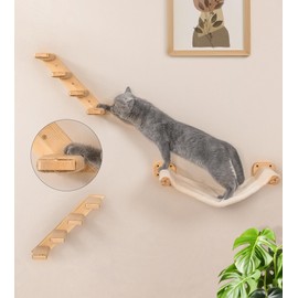 Cat Wall Hammock Set of 3, Wall Shelves with 1 Floating Fabric Hammock, 2 Cat Ladders with 4 Steps Each, Wall Mounted Bed Furniture & Climber for Large Cats