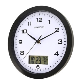 Champion 25cm Quartz wall clock with inset LCD display with day/date - Black