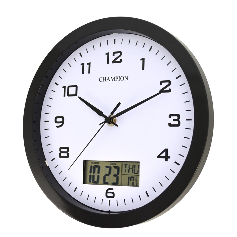 Champion 25cm Quartz wall clock with inset LCD display with