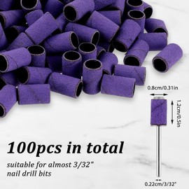Prasacco Pack of 100 Sanding Caps Nail Cutters, 240 Grit Sanding Sleeves Nail Cutter Purple Small Nail Sanding Belts with 6.5 mm Nail Drill for Gel Nails, Nail Design, Nail Art