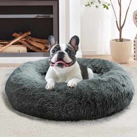 JOLLYVOGUE Calming Dog & Cat Bed for Large Dogs, Anti-Anxiety Donut Cuddler Cozy Soft Round Bed with Anti-Slip Bottom, Fluffy Faux Fur Plush Cushion Beds for Medium Dogs (36")
