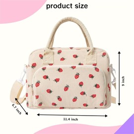 Lunch Bag For Women Men Adult Reusable Lunch Box Large Capacity,Corduroy Lunch Tote Bags,Leakproof Cooler Cute Lunch Bag With Shoulder Strap For Work Picnic (Strawberry)