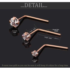 AZARIO LONDON 9K Rose Gold Prong Set 1.5MM Round CZ Stone 22 Gauge L Bend Nose Stud Piercing