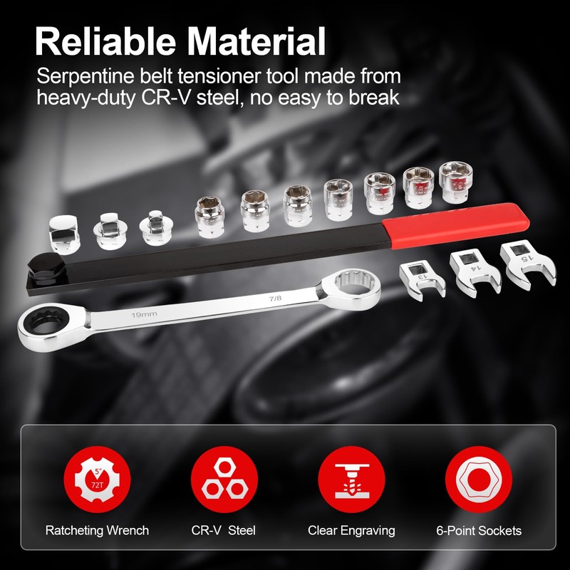 Feikenee 15PCS Serpentine Belt Tool Set, Professional Ratcheting Serpentine Belt