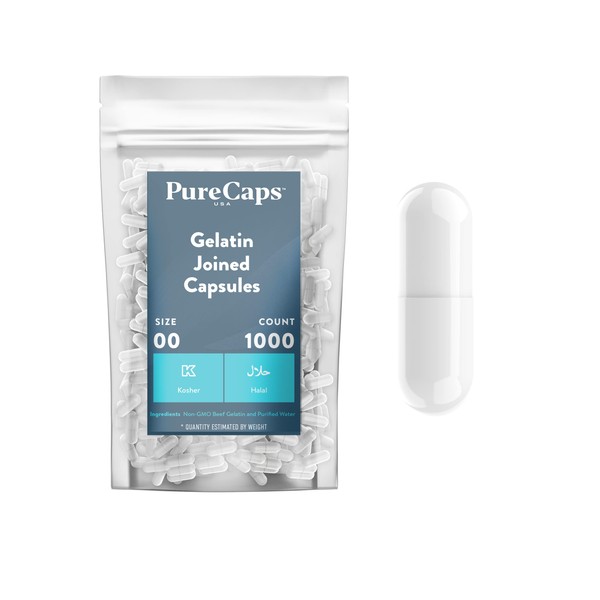 Purecaps USA - Size 00 Empty White Gelatin Pill Capsules - Fast Dissolving and Easily Digestible - Preservative Free with Natural Ingredients - (1,000 Joined Capsules)